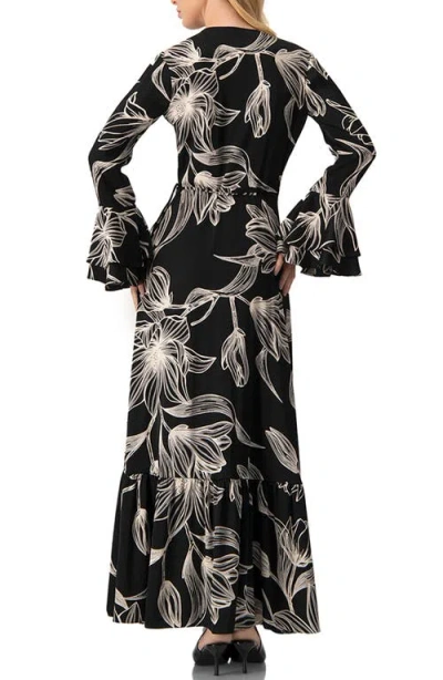 Ivonne Long Black Dress With White Floral Print In Black