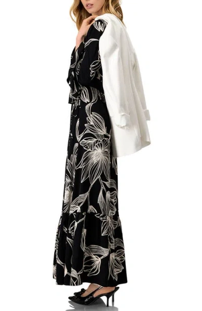 Ivonne Long Black Dress With White Floral Print In Black