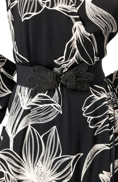 Ivonne Long Black Dress With White Floral Print In Black