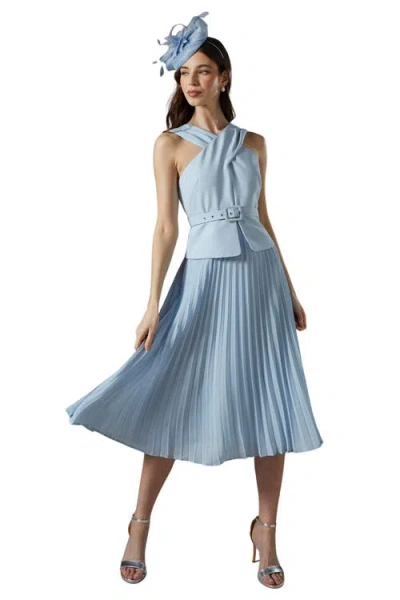 Coast Petite Cross Over Pleated Midi Dress In Blue