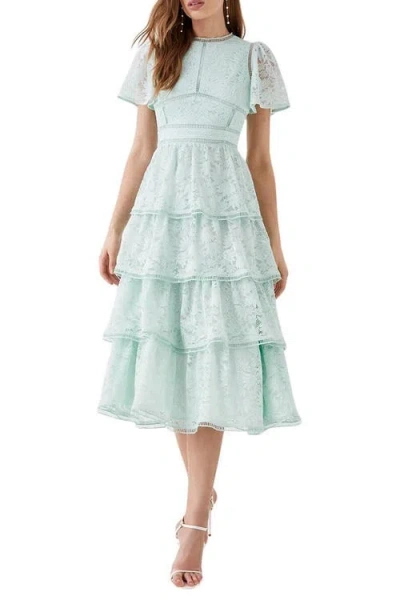 Coast Tiered Lace Dress With Flutter Sleeve In Blue