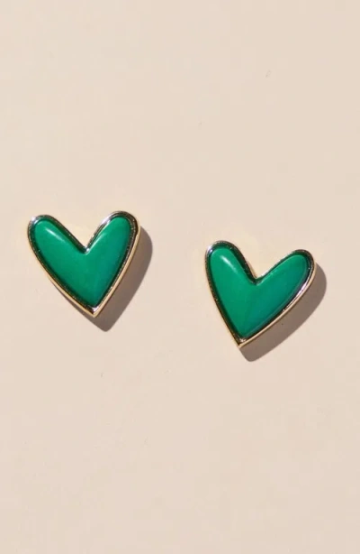 Nickel & Suede Sweetheart Stud Earrings In Green