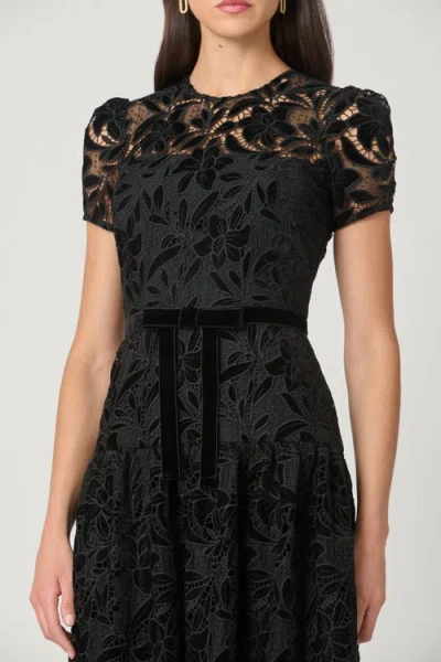 Shoshanna Farah Puff-sleeve Velvet Lace Midi Dress In Black