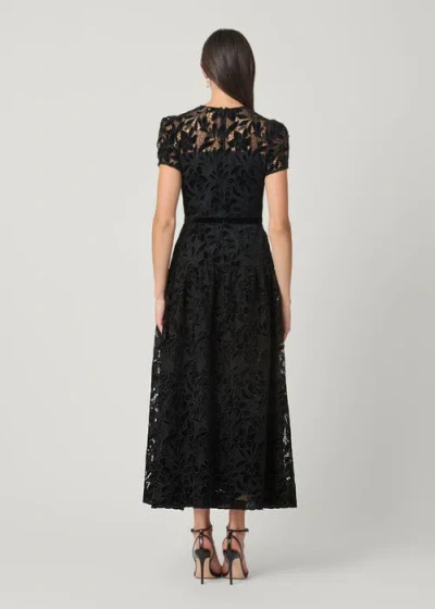 Shoshanna Farah Puff-sleeve Velvet Lace Midi Dress In Black
