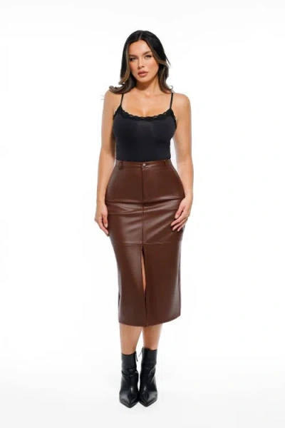 Popilush Sculpted Faux Leather Contour Skirt In Brown