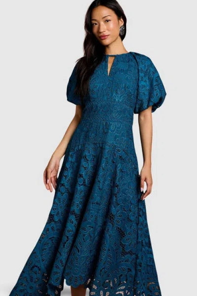 Coast Lace Hanky Hem Puff Sleeve Dress In Blue