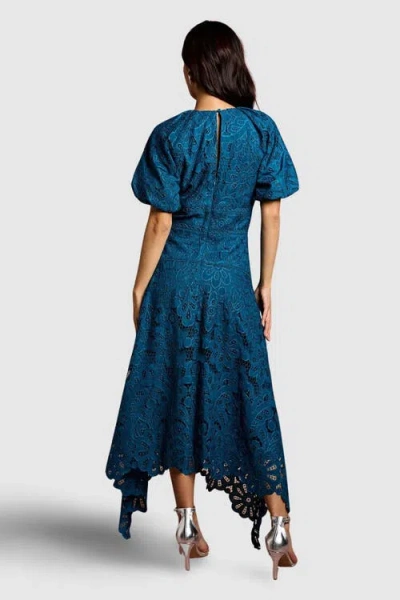 Coast Lace Hanky Hem Puff Sleeve Dress In Blue