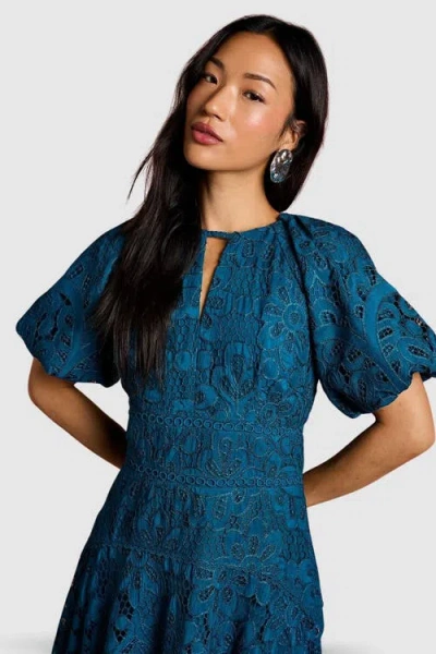 Coast Lace Hanky Hem Puff Sleeve Dress In Blue