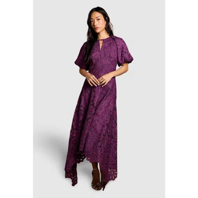 Coast Lace Hanky Hem Puff Sleeve Dress In Purple