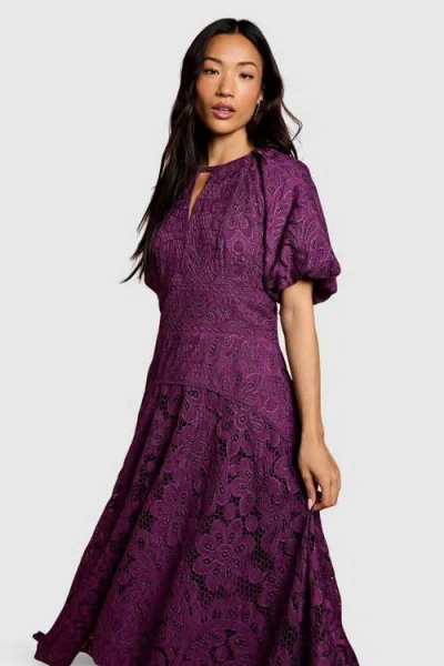 Coast Lace Hanky Hem Puff Sleeve Dress In Purple