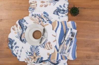 C & F Home C&f Home Seahorse Sands Reversible Machine Washable Scallop Quilt Placemats Set Of 6 In Blue