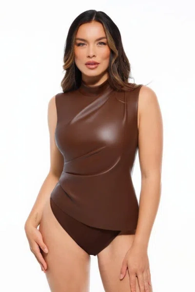 Popilush Sculpting 3-in-1 Faux Leather Bodysuit In Brown