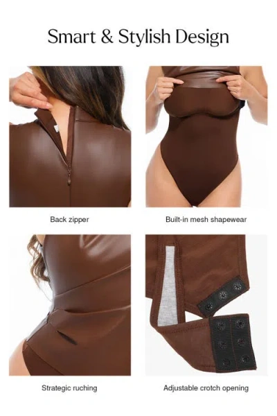Popilush Sculpting 3-in-1 Faux Leather Bodysuit In Brown