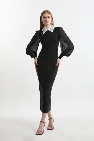 Karen Millen Knit Midi Dress With Sheer Sleeve In Black
