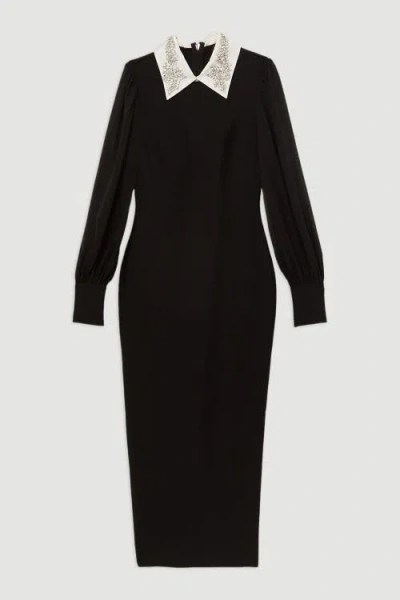 Karen Millen Knit Midi Dress With Sheer Sleeve In Black