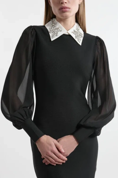 Karen Millen Knit Midi Dress With Sheer Sleeve In Black