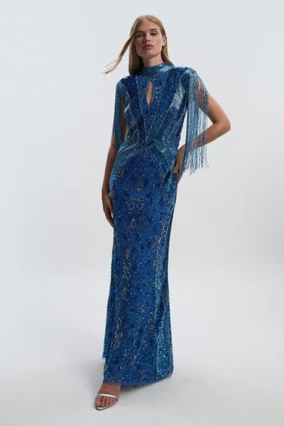 Karen Millen Embellished Tassel Sleeve Maxi Dress In Blue