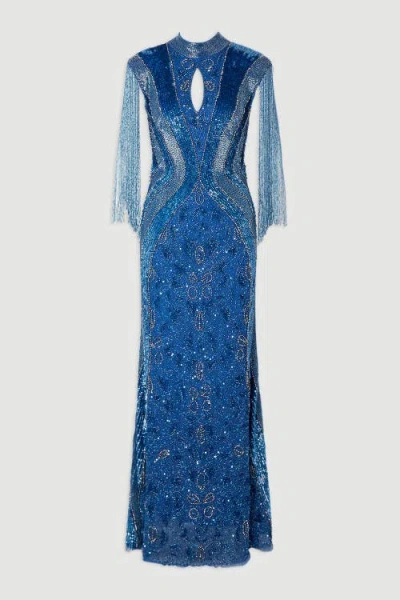 Karen Millen Embellished Tassel Sleeve Maxi Dress In Blue
