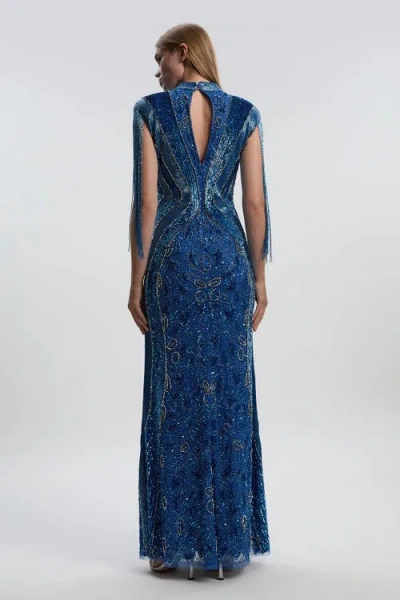 Karen Millen Embellished Tassel Sleeve Maxi Dress In Blue
