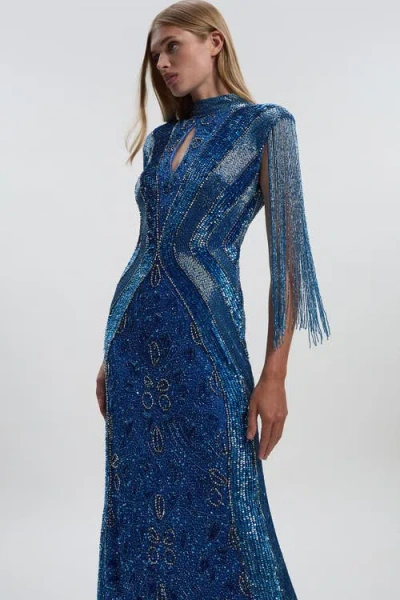 Karen Millen Embellished Tassel Sleeve Maxi Dress In Blue