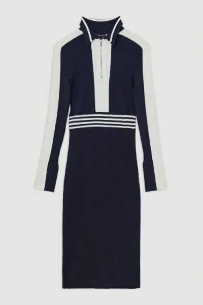 Karen Millen Rib Knit Polo Zip Up Midi Dress In Blue