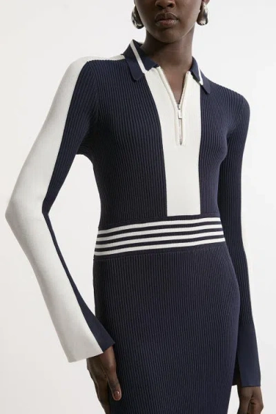 Karen Millen Rib Knit Polo Zip Up Midi Dress In Blue