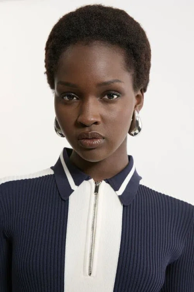 Karen Millen Rib Knit Polo Zip Up Midi Dress In Blue