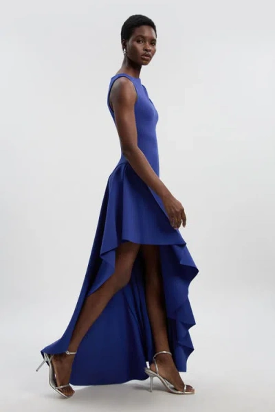 Karen Millen Scuba Drama Ruffle Hem Woven Maxi Dress In Blue