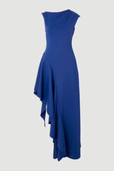 Karen Millen Scuba Drama Ruffle Hem Woven Maxi Dress In Blue
