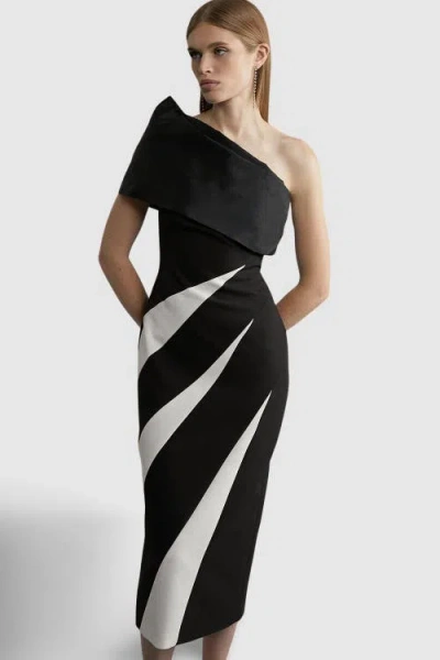 Karen Millen Petite One Shoulder Panel Midi Dress In Black