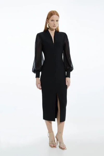 Karen Millen Zip Detail Chiffon Sleeve Knit Dress In Black