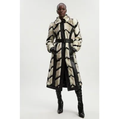 Karen Millen Stripe Faux Fur Belted Long Coat In Neutral