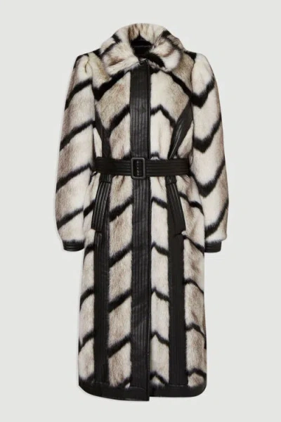 Karen Millen Stripe Faux Fur Belted Long Coat In Neutral
