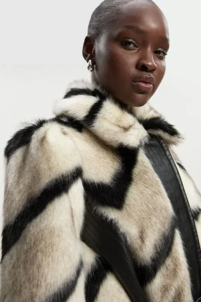 Karen Millen Stripe Faux Fur Belted Long Coat In Neutral