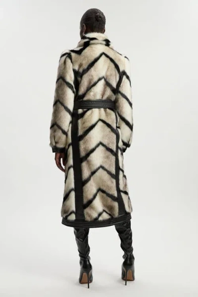 Karen Millen Stripe Faux Fur Belted Long Coat In Neutral