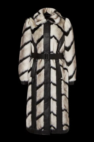 Karen Millen Stripe Faux Fur Belted Long Coat In Neutral