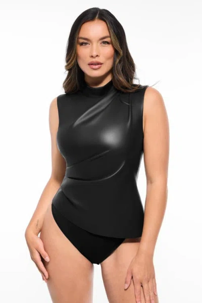 Popilush Sculpting 3-in-1 Faux Leather Bodysuit In Black