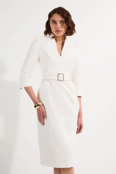 Karen Millen 3/4 Sleeve Belted Midi Dress In White