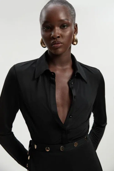 Karen Millen Drapey Crepe Slim Collared Shirt In Black