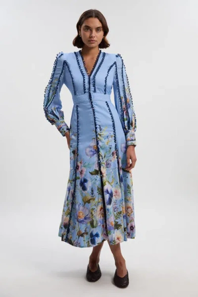 Karen Millen Trailing Floral Woven Plunge Maxi Dress In Blue