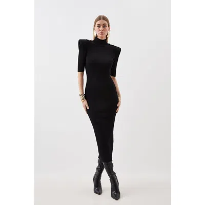 Karen Millen Rib Knit Power Shoulder Maxi Dress In Black