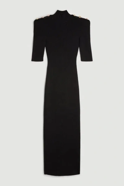 Karen Millen Rib Knit Power Shoulder Maxi Dress In Black