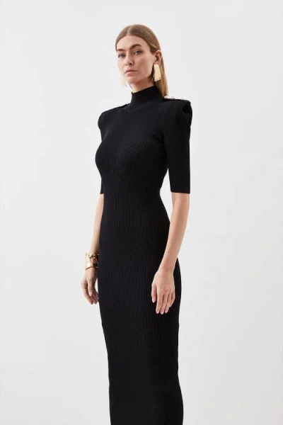 Karen Millen Rib Knit Power Shoulder Maxi Dress In Black