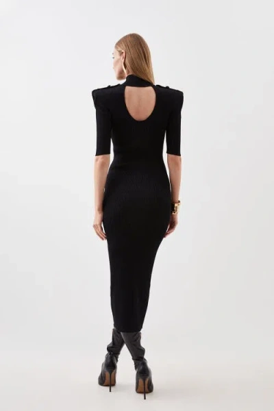 Karen Millen Rib Knit Power Shoulder Maxi Dress In Black