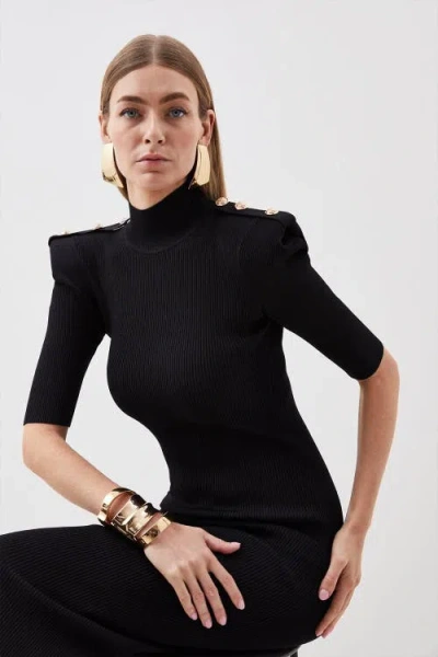 Karen Millen Rib Knit Power Shoulder Maxi Dress In Black