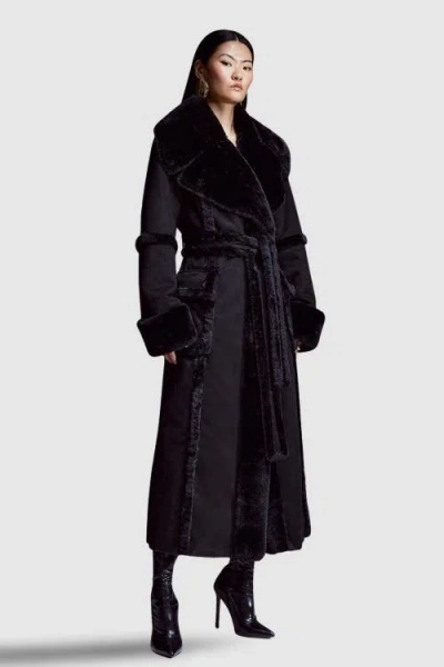 Karen Millen Faux Shearling Belted Maxi Coat In Black