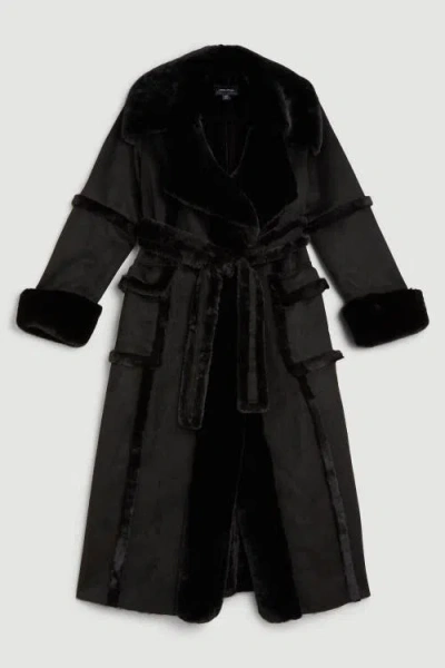 Karen Millen Faux Shearling Belted Maxi Coat In Black