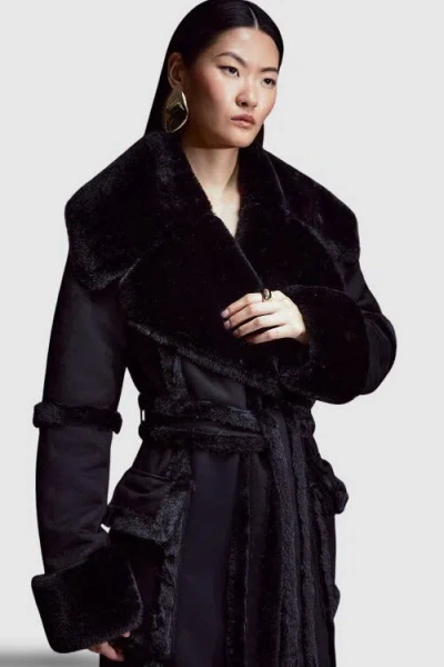 Karen Millen Faux Shearling Belted Maxi Coat In Black