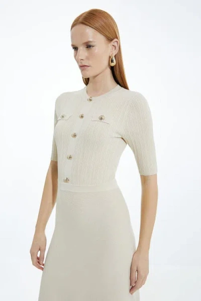 Karen Millen Rib Knit Military Trim Maxi Dress In White