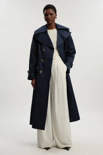Karen Millen Cotton Sheen Belted Classic Trench Coat In Blue